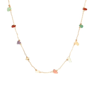 Bohemian gold necklace featuring colorful crushed stones on a clean white background