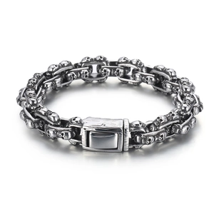 Men's punk skull link bracelet in vintage stainless steel with secure clasp