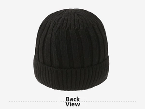 Rear view of unisex black knit beanie showing the thick ribbed texture and warm fabric