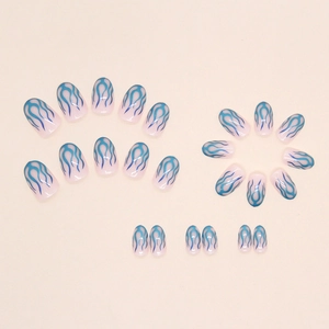 Blue and pink gradient aurora flame press-on nails with creative short oval design
