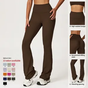 High-waisted brown flare yoga pants with scrunch butt lifting effect and elastic fabric