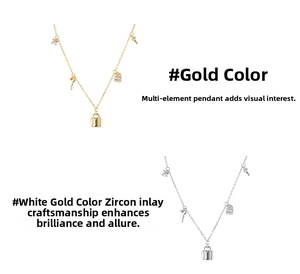Detail showing gold and platinum necklaces with padlock, key, and zircon pendants