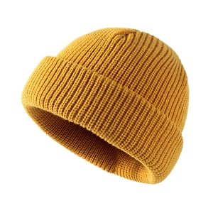 Winter mustard yellow ribbed knit beanie hat for men and women with wide folded cuff
