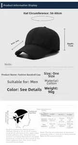 Size guide for men winter baseball cap showing 56-60cm circumference and cotton material specs