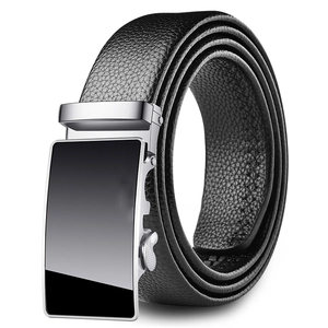Classic men's black leather belt with silver automatic buckle and lychee texture