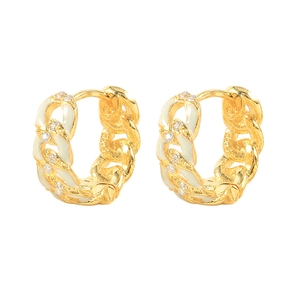 Detailed close-up of S925 silver chain link hoop earrings with white enamel and zircons