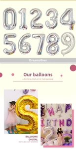 Close-up of metallic silver and gold number balloons for birthday party decor