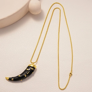 Macro view of black horn pendant with gold dots and fine golden chain detail