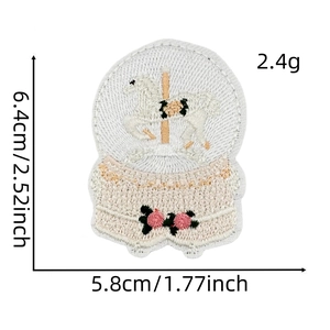 Detailed view of merry-go-round embroidered patch with 6.4x5.8cm size and weight specs