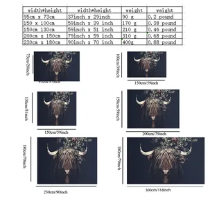 Size chart for animal tapestry showing dimensions from 37x29 to 118x70 inches and weights