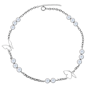 Butterfly Pendant Reflective Artificial Pearl Necklace Stainless Steel Hip Hop Style Clavicle Chain Jewelry For Women Men Silver Color