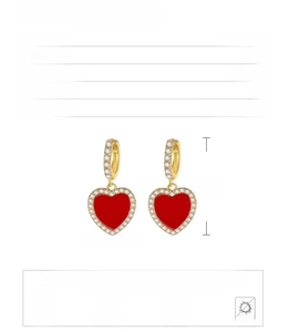 Detailed size specifications for gold heart earrings with red malachite and zircon studs