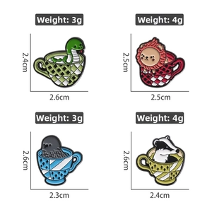 Detailed size and weight view of four animal tea cup enamel pins for clothing accessories