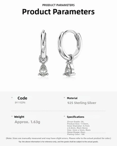 Detailed specs of S925 sterling silver pear-shaped drop earrings with 5A zircon stones