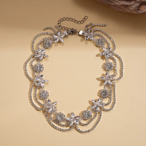 Luxurious silver layered choker necklace featuring diamond-studded floral patterns