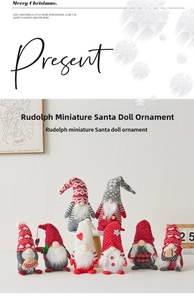 Detail showing eight Christmas gnome dolls with knitted hats and white beards in a group