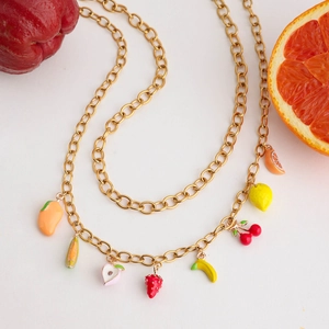 18K gold plated stainless steel chain necklace with colorful enamel fruit pendants