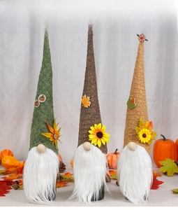 Three gnome wine bottle covers with sunflowers and maple leaves for autumn decor