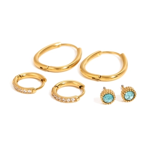 Three-piece gold stainless steel earring set with zircon hoops and blue gem studs