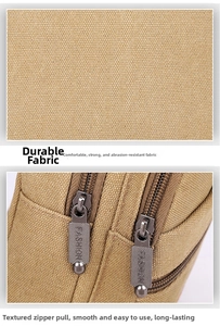 Close-up of durable khaki canvas fabric and double metal zippers with fashion engraving