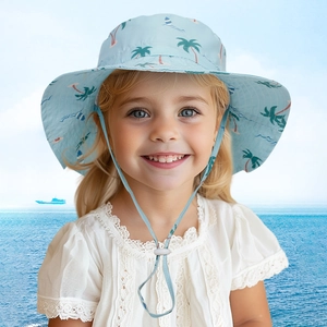 Detail of adjustable windproof drawstring on kids quick-dry tropical palm sun hat