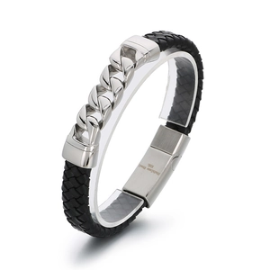 Men's vintage leather bracelet with magnetic 316L stainless steel Cuban chain clasp