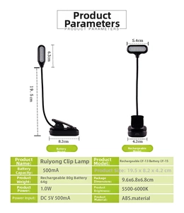 Technical specifications of the black LED clip desk lamp with dimensions and power info