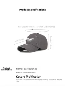 Detailed size chart for the distressed baseball cap featuring Paris embroidery