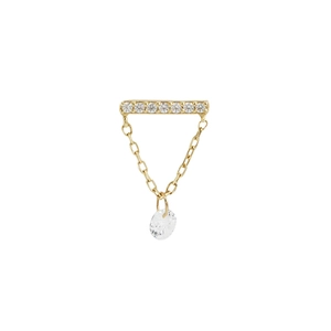 Macro view of S925 sterling silver earring with crystal bar and teardrop tassel charm