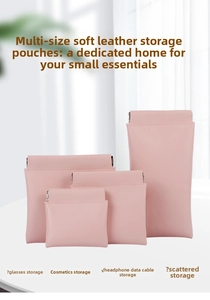 Detail view of four pink soft PU leather pouches with snap closure for accessories
