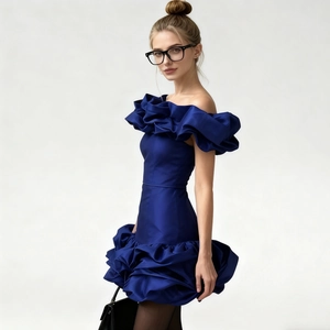 Elegante abito senza spalline blu reale a balze con finitura satinata e ruches fini