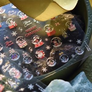 Detailed macro view of 5D embossed Christmas nail stickers with festive deer and snowflakes