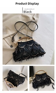 Detail view of black sequin velvet evening bag with gold metal frame and detachable strap