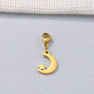 Polished gold stainless steel moon and star charm pendant with lobster clasp connector
