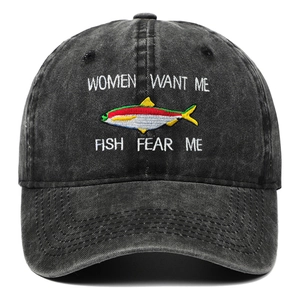 Detail of vintage washed cotton baseball cap with fish embroidery and funny slogan