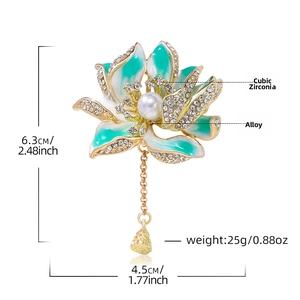 Detail showing enamel peony brooch dimensions 6.3x4.5cm with rhinestones and pearl