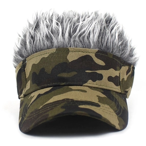 Detail of creative camouflage baseball cap featuring realistic grey faux hair on top