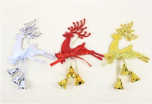 Three glitter reindeer ornaments in gold silver and red with metal bells and festive bows