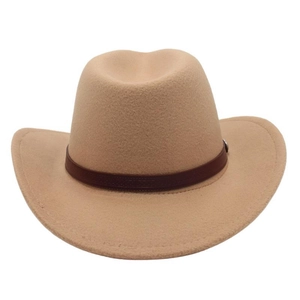 Detail of camel wool felt cowboy hat featuring a brown faux leather belt buckle band