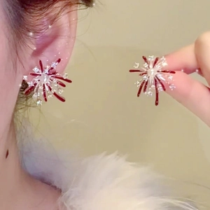 Elegant firework red zircon stud earrings with silver needles and festive pearls