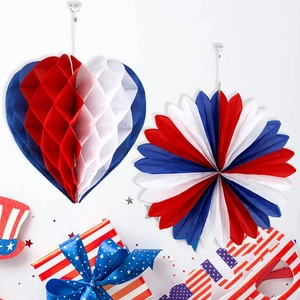 Patriotic red white and blue honeycomb heart and paper fan decor for Independence Day