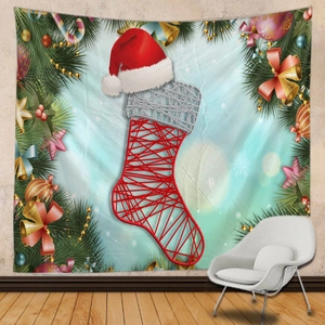 Christmas stocking wall tapestry with festive ornaments and pine needles for home decor