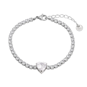Close-up of silver tennis bracelet with heart zircon, lobster clasp and extender chain