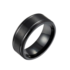 Classic men's black stainless steel ring with brushed center and polished stepped edges