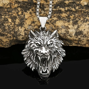 Nordic Viking wolf head pendant with box chain in silver stainless steel finish
