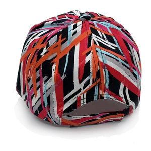 Detail of adjustable back strap and vibrant abstract brushstroke print on baseball cap