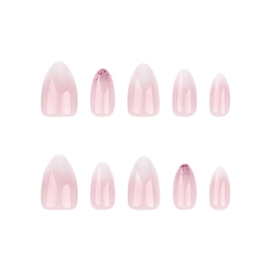Kurze Mandel-Kunstnägel mit rosa Ombré-Verlauf und lila Glitzerelementen