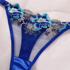 Royal blue sexy lace lingerie set with floral embroidery and semi-transparent mesh