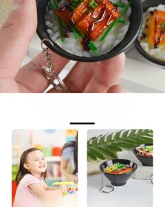 Detailed close-up of realistic Japanese eel rice bowl keychain with miniature food textures