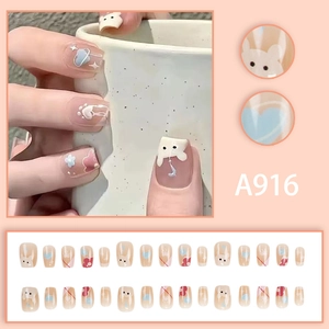Cute cartoon animal press-on nails featuring rabbit, flowers and heart patterns in nude blue